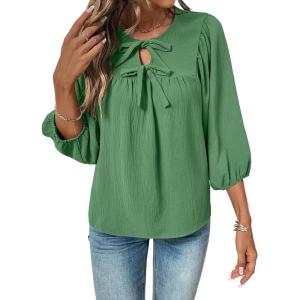 image:imageSHEWIN Womens Tops 34 Sleeves Blouse Babydoll Dressy Casual Top Elegant Bow Tie Loose Ladies Shirts 2026A Green