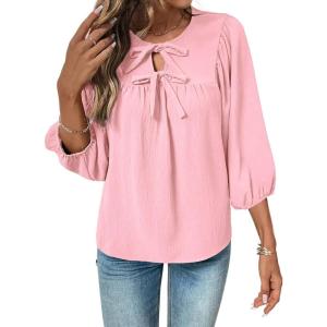 image:imageSHEWIN Womens Tops 34 Sleeves Blouse Babydoll Dressy Casual Top Elegant Bow Tie Loose Ladies Shirts 2026A Pink