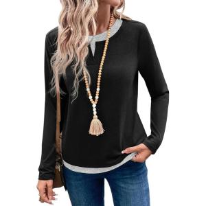 image:imageSHEWIN Womens Tops Casual Crewneck Color Block Long Sleeve Shirts Fall Fashion Basic Tees Slim FitBlack
