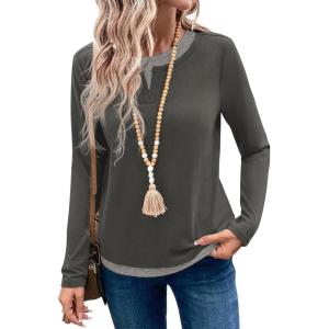image:imageSHEWIN Womens Tops Casual Crewneck Color Block Long Sleeve Shirts Fall Fashion Basic Tees Slim FitCarbon Grey