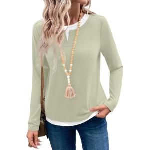 image:imageSHEWIN Womens Tops Casual Crewneck Color Block Long Sleeve Shirts Fall Fashion Basic Tees Slim FitMeadow Mist Green