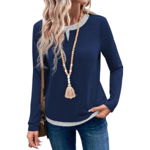 image:imageSHEWIN Womens Tops Casual Crewneck Color Block Long Sleeve Shirts Fall Fashion Basic Tees Slim FitNavy Blue