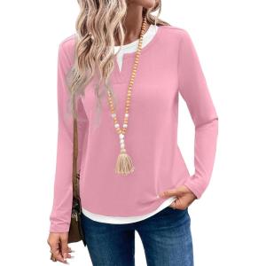 image:imageSHEWIN Womens Tops Casual Crewneck Color Block Long Sleeve Shirts Fall Fashion Basic Tees Slim FitPink