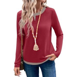 image:imageSHEWIN Womens Tops Casual Crewneck Color Block Long Sleeve Shirts Fall Fashion Basic Tees Slim FitRacing Red
