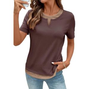 image:imageSHEWIN Womens Tops Casual Crewneck Color Block Short Sleeve Mock Double Layer TShirt Summer Outfits for Women 2026Brown
