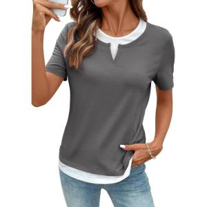 image:imageSHEWIN Womens Tops Casual Crewneck Color Block Short Sleeve Mock Double Layer TShirt Summer Outfits for Women 2026Medium Grey