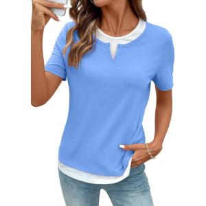 image:imageSHEWIN Womens Tops Casual Crewneck Color Block Short Sleeve Mock Double Layer TShirt Summer Outfits for Women 2026Sky Blue
