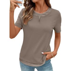 image:imageSHEWIN Womens Tops Casual Crewneck Color Block Short Sleeve Mock Double Layer TShirt Summer Outfits for Women 2026Taupe
