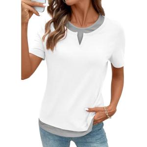 image:imageSHEWIN Womens Tops Casual Crewneck Color Block Short Sleeve Mock Double Layer TShirt Summer Outfits for Women 2026White