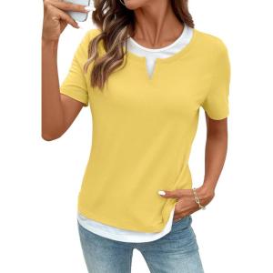 image:imageSHEWIN Womens Tops Casual Crewneck Color Block Short Sleeve Mock Double Layer TShirt Summer Outfits for Women 2026Yellow