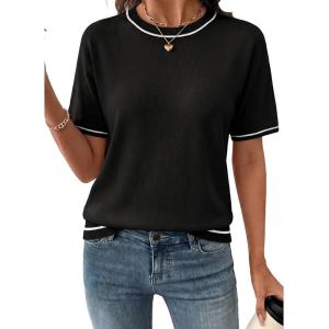 image:imageSHEWIN Womens Tops Trendy Short Sleeve Shirts Crewneck Lightweight Knit Sweater Top Business Casual OutfitsA Black