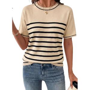 image:imageSHEWIN Womens Tops Trendy Short Sleeve Shirts Crewneck Lightweight Knit Sweater Top Business Casual OutfitsApricot and Black Stripe