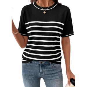 image:imageSHEWIN Womens Tops Trendy Short Sleeve Shirts Crewneck Lightweight Knit Sweater Top Business Casual OutfitsBlack and White Stripe