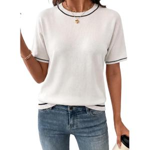 image:imageSHEWIN Womens Tops Trendy Short Sleeve Shirts Crewneck Lightweight Knit Sweater Top Business Casual OutfitsC White