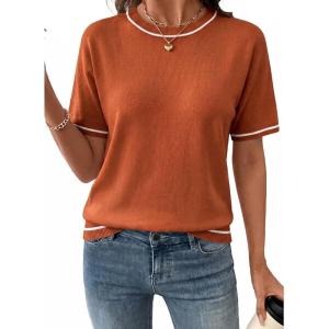 image:imageSHEWIN Womens Tops Trendy Short Sleeve Shirts Crewneck Lightweight Knit Sweater Top Business Casual OutfitsE Gold