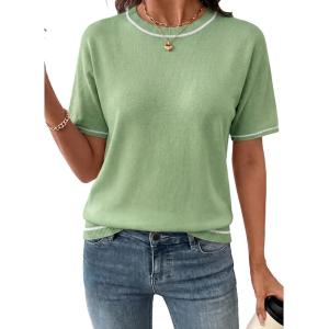 image:imageSHEWIN Womens Tops Trendy Short Sleeve Shirts Crewneck Lightweight Knit Sweater Top Business Casual OutfitsE Green