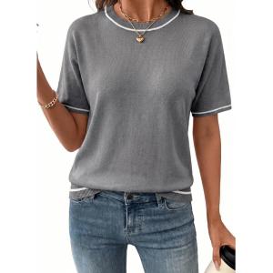 image:imageSHEWIN Womens Tops Trendy Short Sleeve Shirts Crewneck Lightweight Knit Sweater Top Business Casual OutfitsE Grey