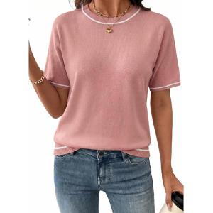 image:imageSHEWIN Womens Tops Trendy Short Sleeve Shirts Crewneck Lightweight Knit Sweater Top Business Casual OutfitsE Pink