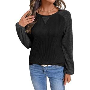 image:imageSHEWIN Womens Waffle Knit Tops Casual Crewneck Contrast Long Sleeve Shirts Loose Blouses Pullover Tunic TopBlack