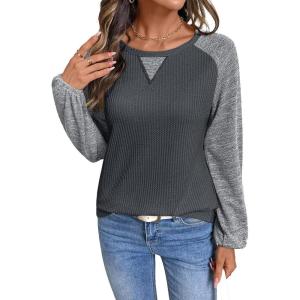 image:imageSHEWIN Womens Waffle Knit Tops Casual Crewneck Contrast Long Sleeve Shirts Loose Blouses Pullover Tunic TopCarbon Grey
