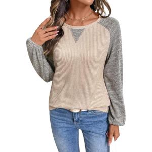image:imageSHEWIN Womens Waffle Knit Tops Casual Crewneck Contrast Long Sleeve Shirts Loose Blouses Pullover Tunic TopOatmeal