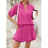 image:imageSHEWIN Two Piece Sets for Women Half Zip Up Puff Short Sleeve Tops and Ruffled Shorts Lounge Set Womens Summer Outfits 2026Rose Red