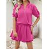 image:imageSHEWIN Two Piece Sets for Women Half Zip Up Puff Short Sleeve Tops and Ruffled Shorts Lounge Set Womens Summer Outfits 2026Rose Red