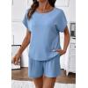 image:imageSHEWIN Womens 2 Piece Lounge Sets Crewneck Short Sleeve T Shirts and Drawstring Shorts Beach Vacation Outfits with PocketsBlue