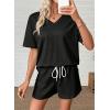 image:imageSHEWIN Womens 2 Piece Short Sets V Neck Short Sleeve TShirts and Drawstring Shorts Beach Vacation Outfits with PocketsBlack
