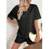 image:imageSHEWIN Womens 2 Piece Short Sets V Neck Short Sleeve TShirts and Drawstring Shorts Beach Vacation Outfits with PocketsBlack