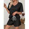 image:imageSHEWIN Womens 2 Piece Short Sets V Neck Short Sleeve TShirts and Drawstring Shorts Beach Vacation Outfits with PocketsBlack