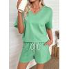 image:imageSHEWIN Womens 2 Piece Short Sets V Neck Short Sleeve TShirts and Drawstring Shorts Beach Vacation Outfits with PocketsGreen