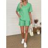 image:imageSHEWIN Womens 2 Piece Short Sets V Neck Short Sleeve TShirts and Drawstring Shorts Beach Vacation Outfits with PocketsGreen