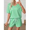 image:imageSHEWIN Womens 2 Piece Short Sets V Neck Short Sleeve TShirts and Drawstring Shorts Beach Vacation Outfits with PocketsGreen