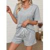 image:imageSHEWIN Womens 2 Piece Short Sets V Neck Short Sleeve TShirts and Drawstring Shorts Beach Vacation Outfits with PocketsGrey