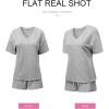 image:imageSHEWIN Womens 2 Piece Short Sets V Neck Short Sleeve TShirts and Drawstring Shorts Beach Vacation Outfits with PocketsGrey