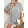 image:imageSHEWIN Womens 2 Piece Short Sets V Neck Short Sleeve TShirts and Drawstring Shorts Beach Vacation Outfits with PocketsGrey