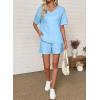 image:imageSHEWIN Womens 2 Piece Short Sets V Neck Short Sleeve TShirts and Drawstring Shorts Beach Vacation Outfits with PocketsLight Blue