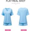 image:imageSHEWIN Womens 2 Piece Short Sets V Neck Short Sleeve TShirts and Drawstring Shorts Beach Vacation Outfits with PocketsLight Blue