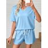 image:imageSHEWIN Womens 2 Piece Short Sets V Neck Short Sleeve TShirts and Drawstring Shorts Beach Vacation Outfits with PocketsLight Blue