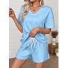image:imageSHEWIN Womens 2 Piece Short Sets V Neck Short Sleeve TShirts and Drawstring Shorts Beach Vacation Outfits with PocketsLight Blue