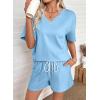 image:imageSHEWIN Womens 2 Piece Short Sets V Neck Short Sleeve TShirts and Drawstring Shorts Beach Vacation Outfits with PocketsLight Blue