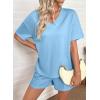 image:imageSHEWIN Womens 2 Piece Short Sets V Neck Short Sleeve TShirts and Drawstring Shorts Beach Vacation Outfits with PocketsLight Blue