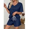 image:imageSHEWIN Womens 2 Piece Short Sets V Neck Short Sleeve TShirts and Drawstring Shorts Beach Vacation Outfits with PocketsNavy Blue