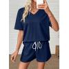 image:imageSHEWIN Womens 2 Piece Short Sets V Neck Short Sleeve TShirts and Drawstring Shorts Beach Vacation Outfits with PocketsNavy Blue