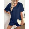 image:imageSHEWIN Womens 2 Piece Short Sets V Neck Short Sleeve TShirts and Drawstring Shorts Beach Vacation Outfits with PocketsNavy Blue