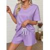 image:imageSHEWIN Womens 2 Piece Short Sets V Neck Short Sleeve TShirts and Drawstring Shorts Beach Vacation Outfits with PocketsPurple