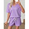 image:imageSHEWIN Womens 2 Piece Short Sets V Neck Short Sleeve TShirts and Drawstring Shorts Beach Vacation Outfits with PocketsPurple