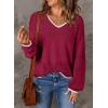 image:imageSHEWIN Womens Sweaters Casual Long Sleeve V Neck Crewneck Lightweight Crochet Pullover Sweater TopsB Burgundy