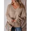 image:imageSHEWIN Womens Sweaters Casual Long Sleeve V Neck Crewneck Lightweight Crochet Pullover Sweater TopsB Camel